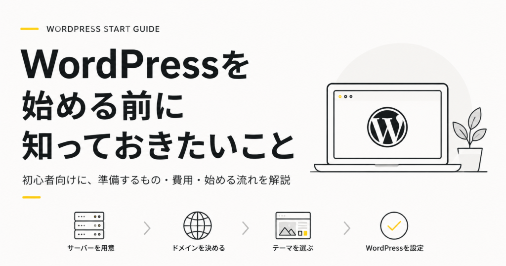 WordPressを始める前に必要なサーバー・ドメイン・テーマ設定の流れを示したアイキャッチ画像