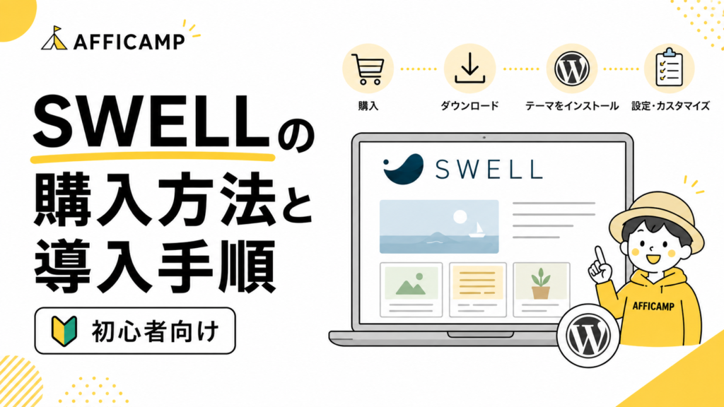 WordPressテーマSWELLの購入方法とインストール手順を解説するイラスト
