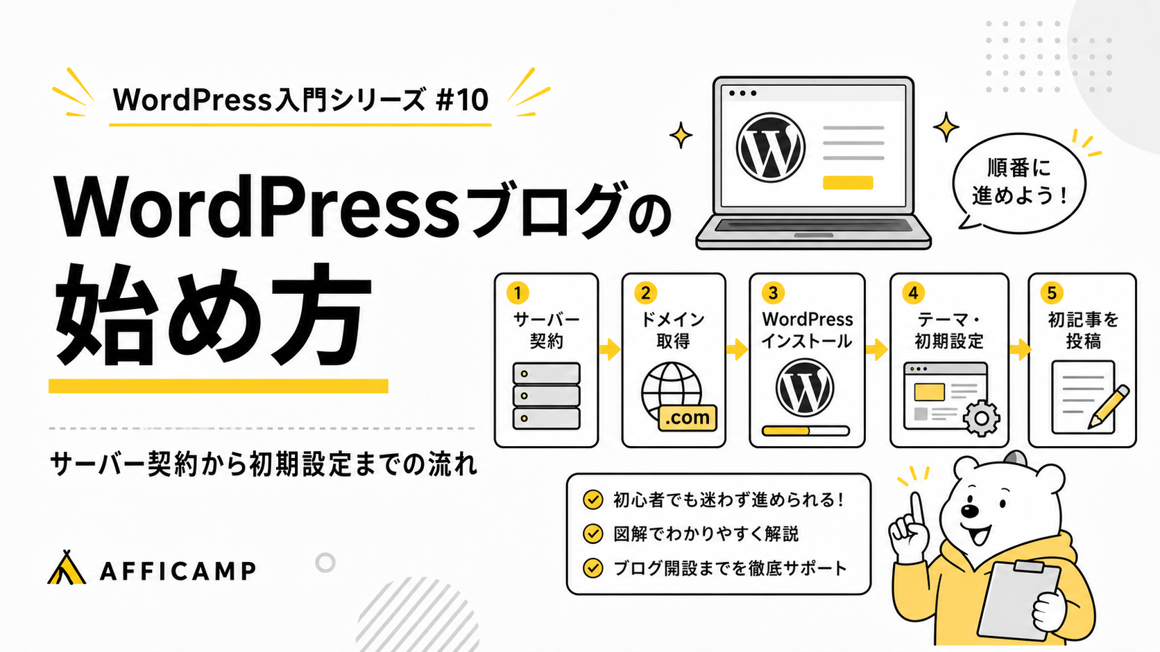 WordPressブログの始め方をサーバー契約から初期設定までの流れで解説するアイキャッチ画像